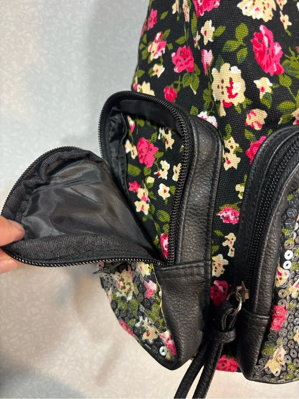 Candie's Black Floral Sequin Backpack with Pink & Cream Accents
